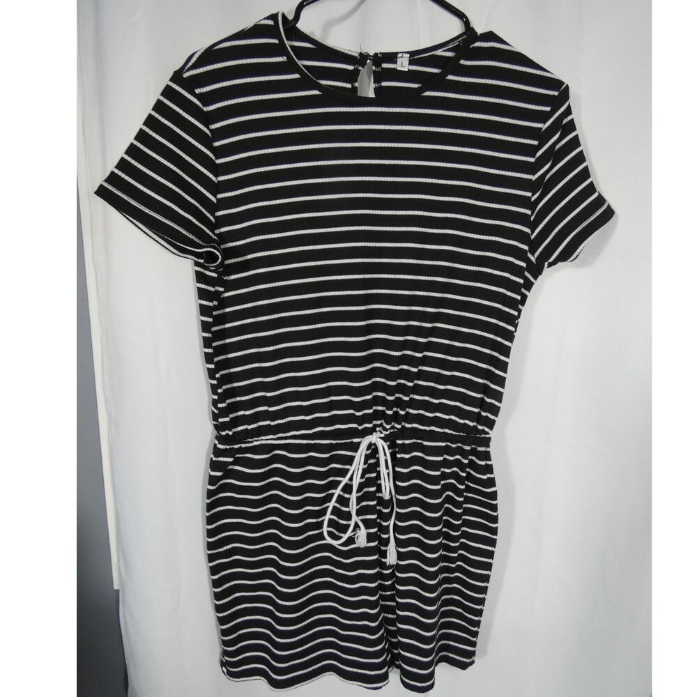 Women's Large Romper Drawstring Waistline Short Sleeves Casual Stretchy Ribbed